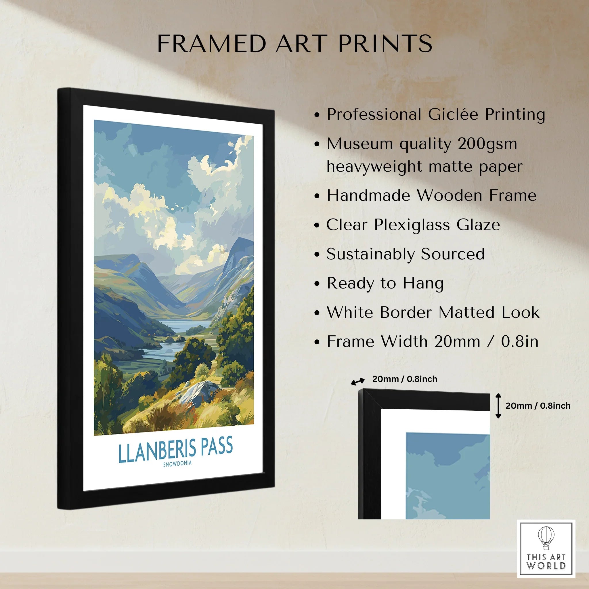 Framed art print of Llanberis Pass Snowdonia landscape with product details and dimensions.