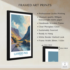 Framed Llanberis Pass travel print with mountains and river, described art print features, modern wall decor.