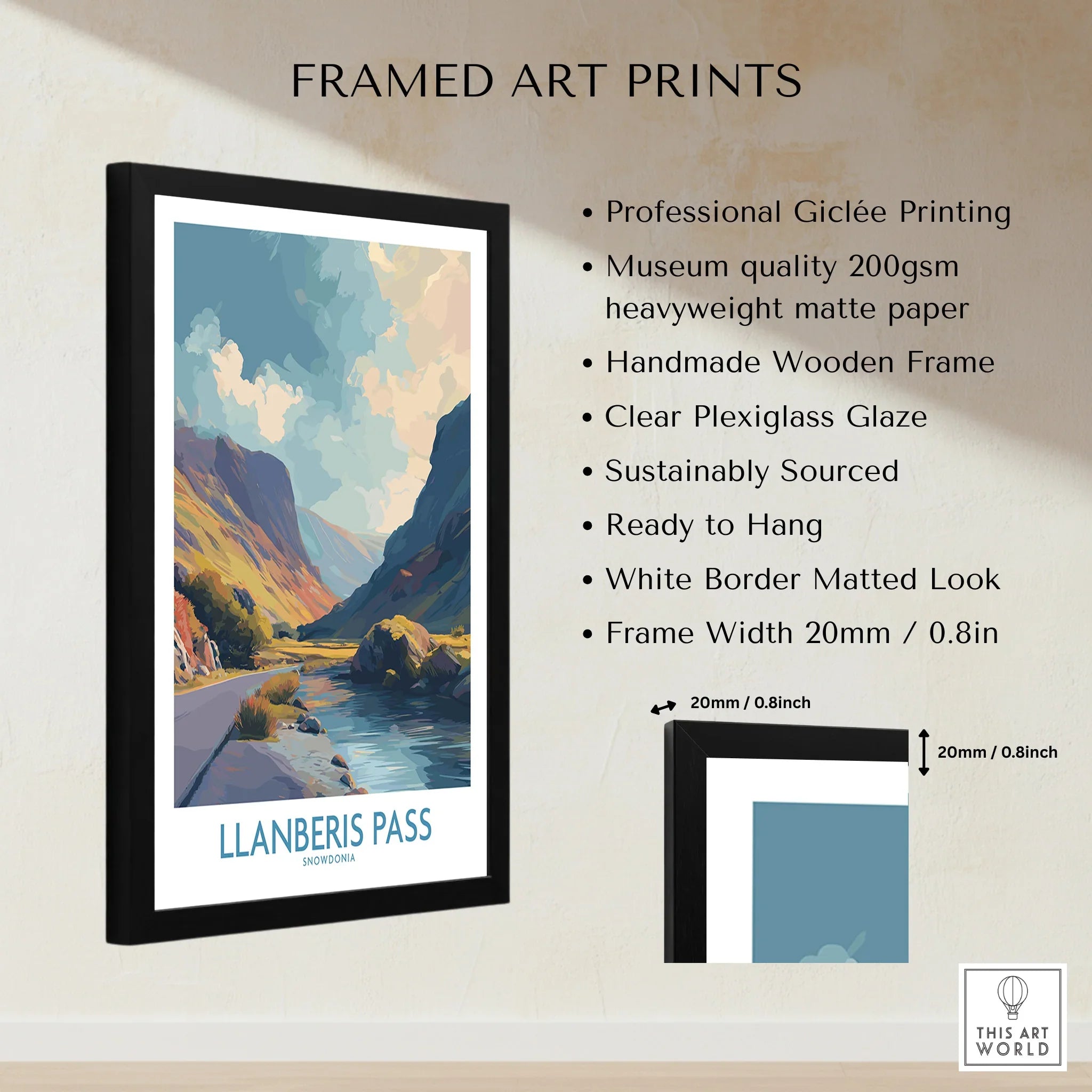 Framed Llanberis Pass travel print with mountains and river, described art print features, modern wall decor.