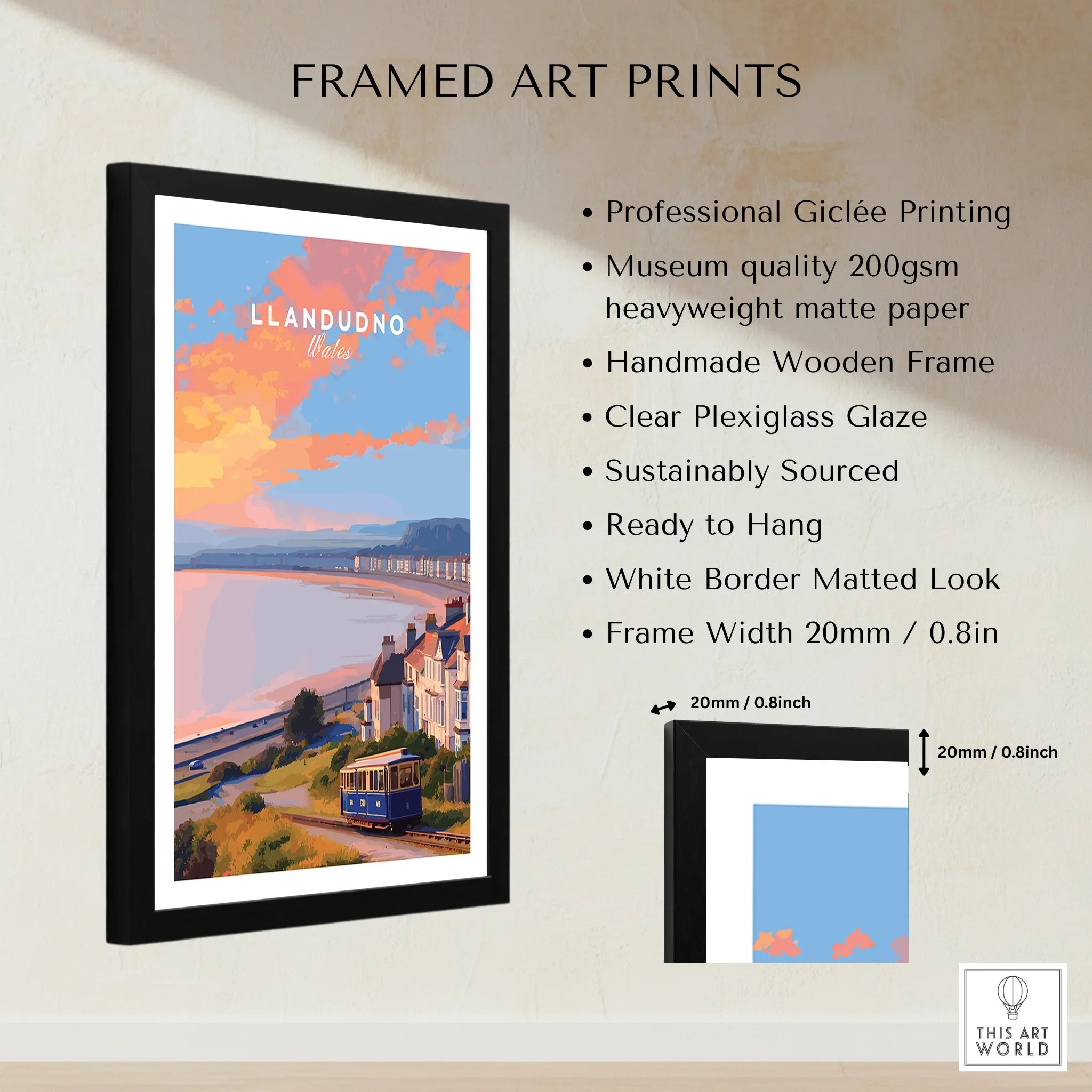 Framed Llandudno Wales travel poster print with beach, tram, and colorful sky, wall art details