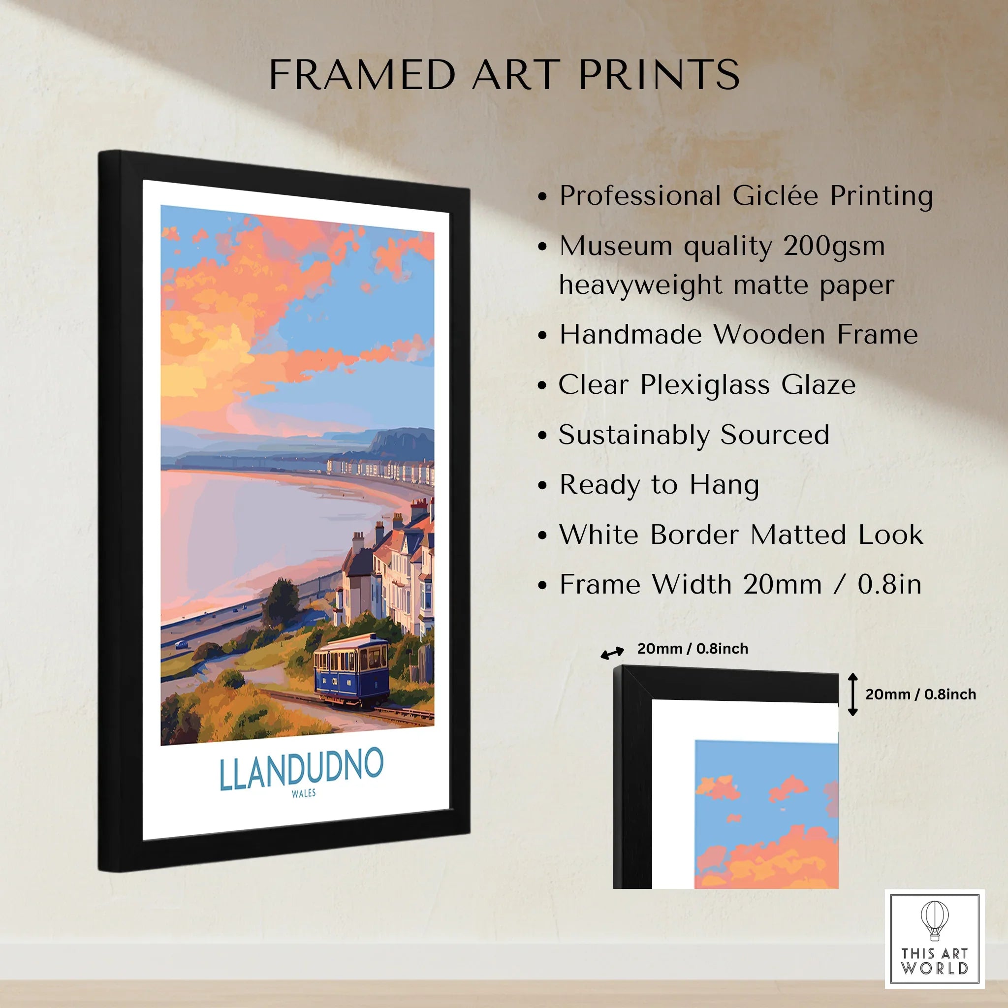 Framed Llandudno Wales travel poster print with black wooden frame, white mat, sunset view.