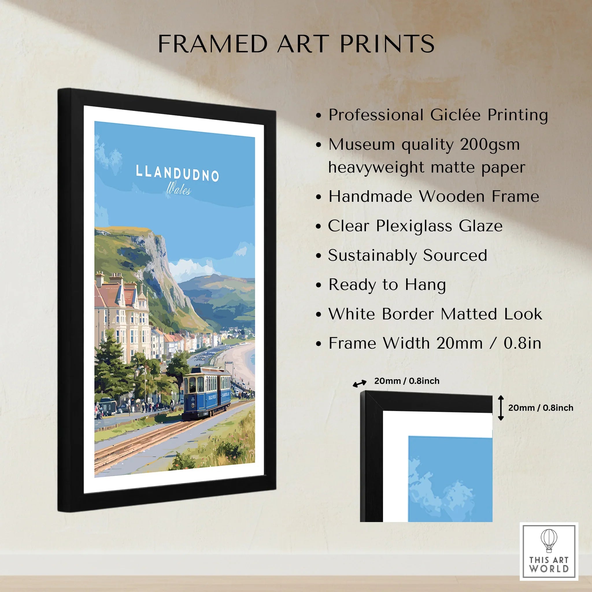 Framed Llandudno Wales travel poster print with black wooden frame, matted look, and quality details.