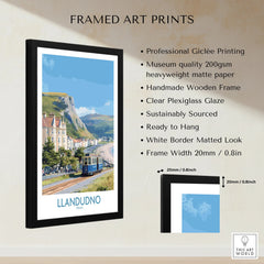 Llandudno Wales framed art print with tram, seafront, and mountains, wooden frame details