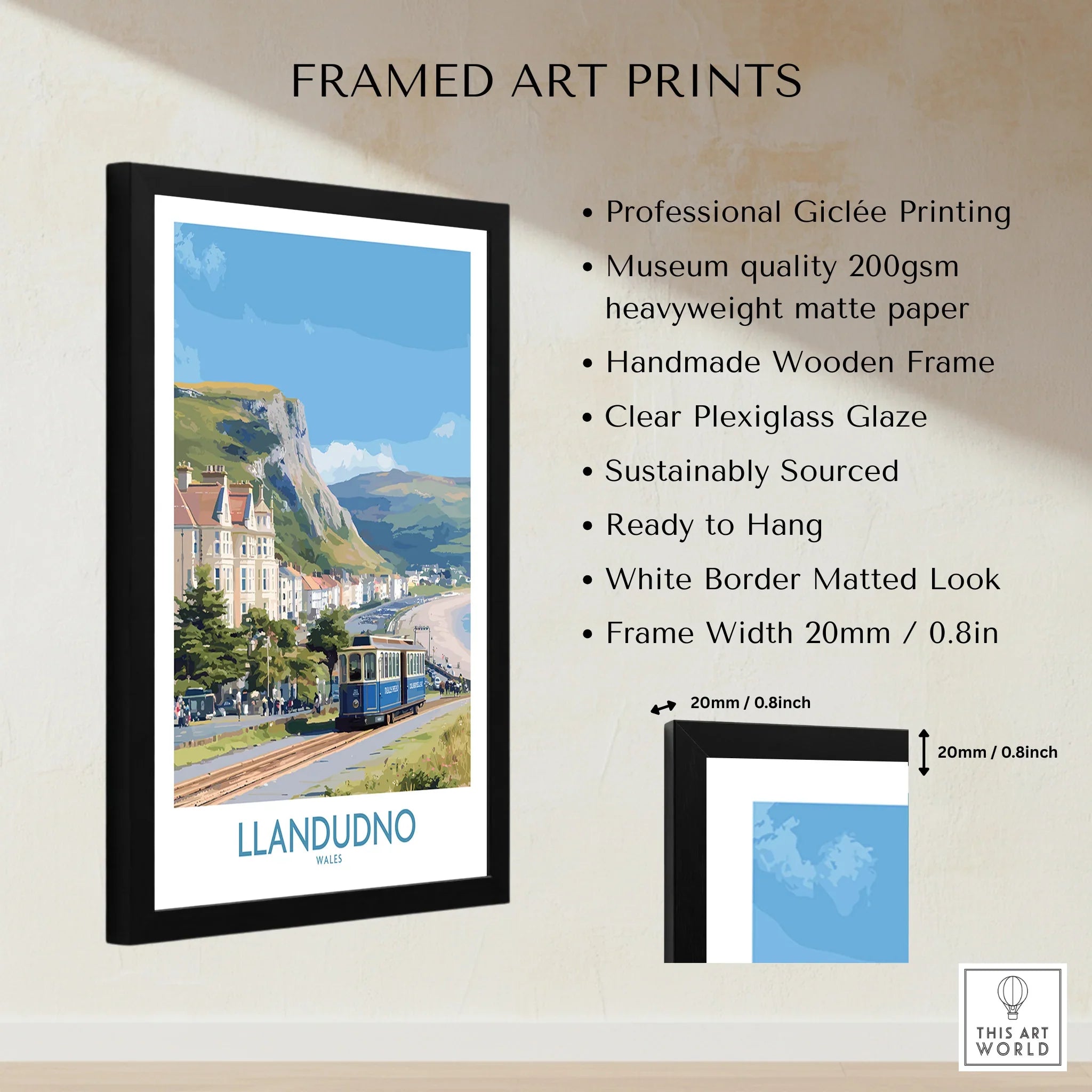 Llandudno Wales framed art print with tram, seafront, and mountains, wooden frame details