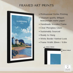 Framed Llandudno Wales art print with coastal scene, black wooden frame, product details