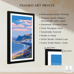 Framed Llandudno travel poster print on wall, wooden frame, measurements and quality details shown