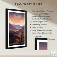Framed Loch Lomond National Park art print with mountain and forest scene, wooden frame details