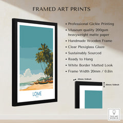Lomé Togo Canvas Print | Tropical Coastal Village Scene Posters framed art print featuring tropical palm trees and turquoise waters.