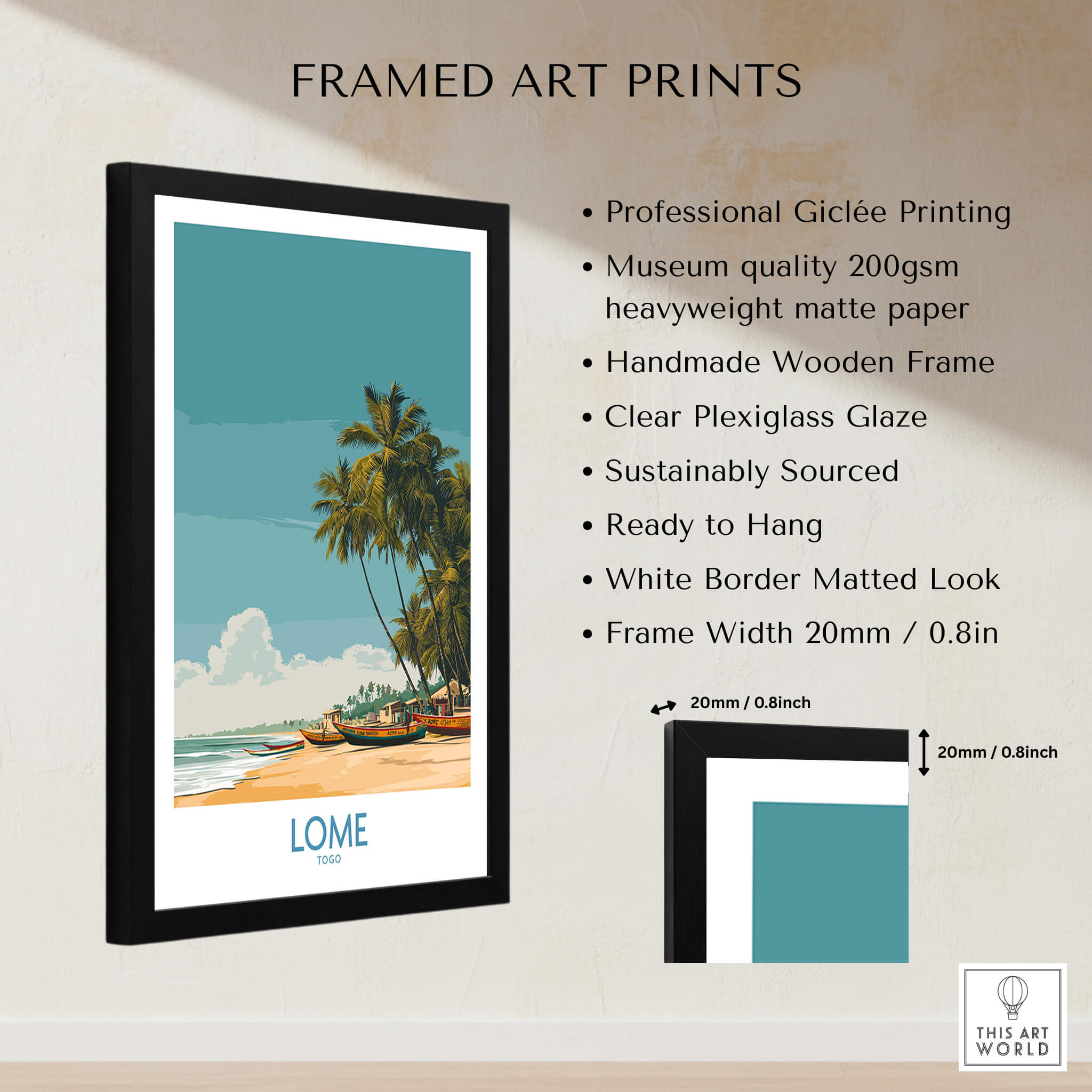 Lomé Togo Canvas Print | Tropical Coastal Village Scene Posters framed art print featuring tropical palm trees and turquoise waters.