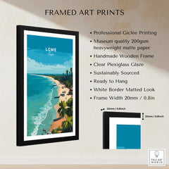 Lomé Togo Wall Art Print | Tropical Beach Travel Poster in a framed design with vibrant coastal scenes.