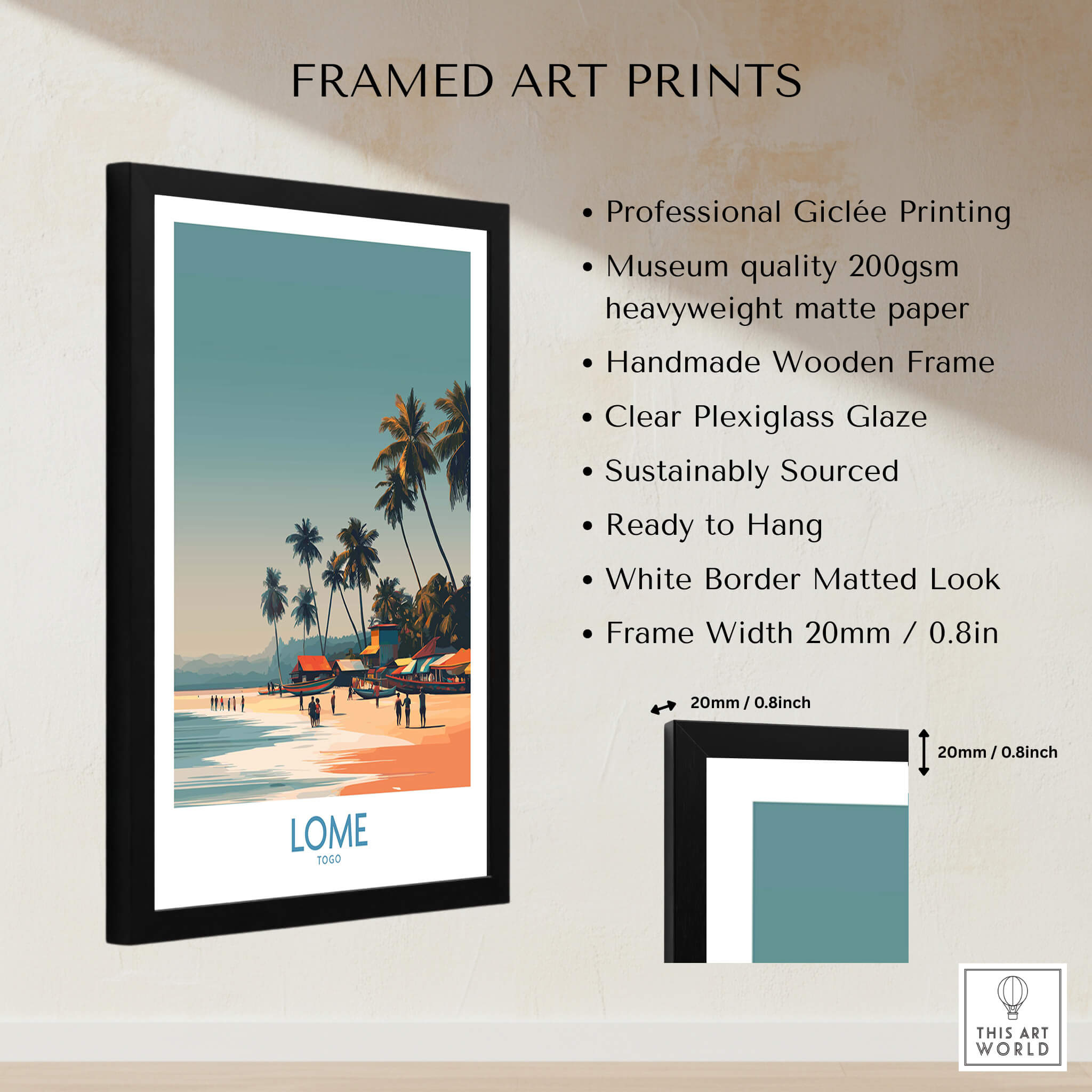 Lome Wall Art Print Africa Travel Poster showcasing framed art with palm trees and a beach scene.