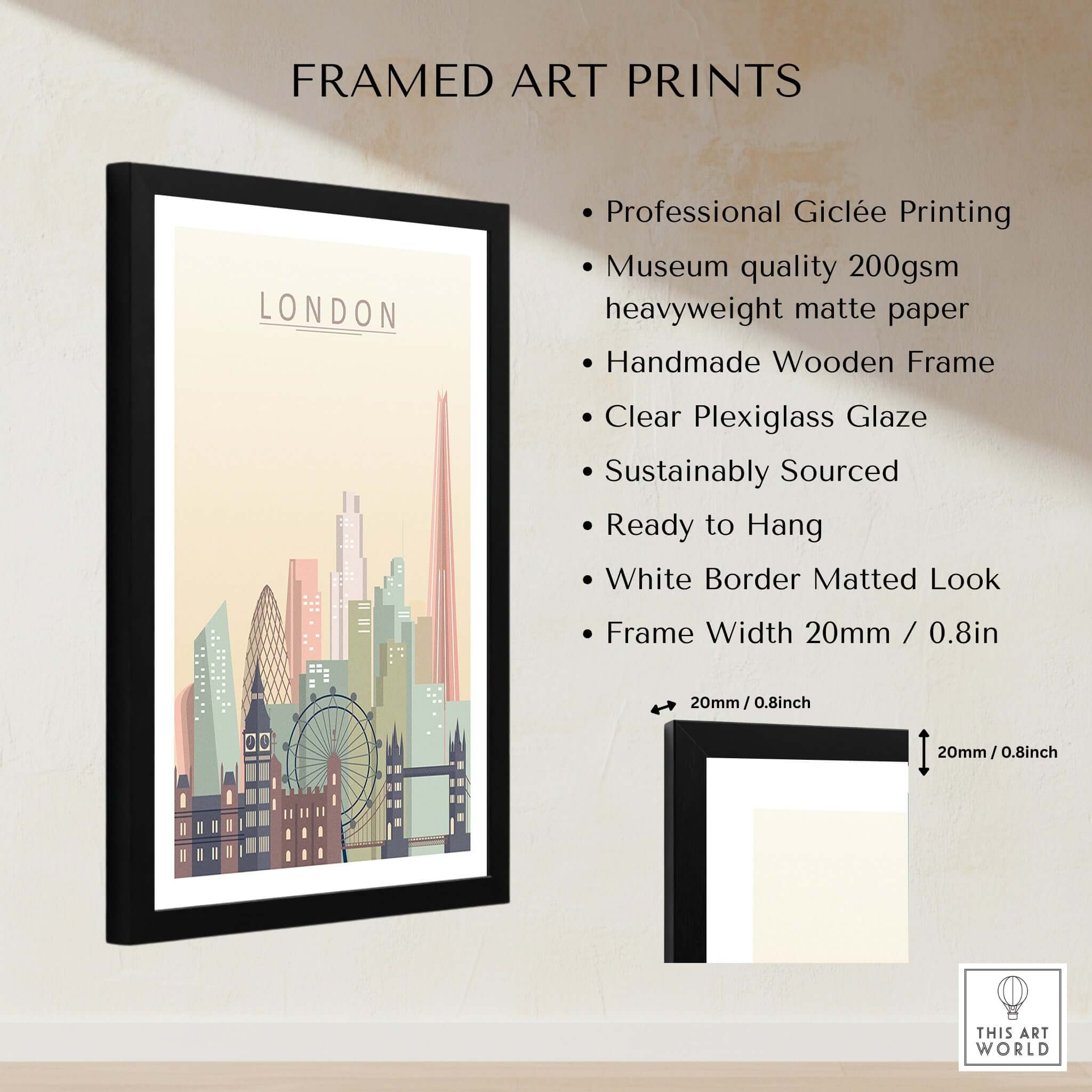 London Skyline Print | Wall Art framed print showcasing iconic London cityscape in soothing beige tones.