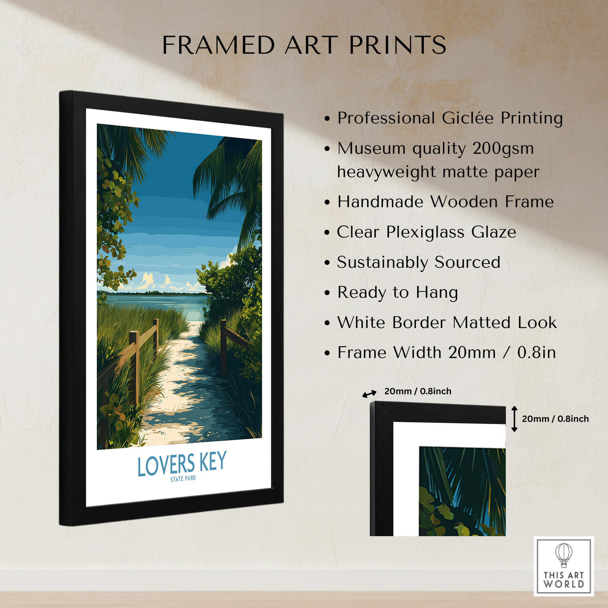 Lovers Key Florida Poster | Tropical Nature Path Canvas Print framed art print showcasing a serene path in lush greenery.