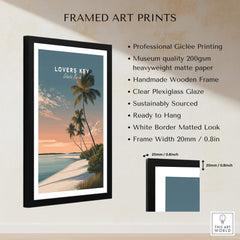 Lovers Key Travel Poster | Florida Sunset Palm Trees Wall Art Print framed with a wooden frame and clear plexiglass glaze