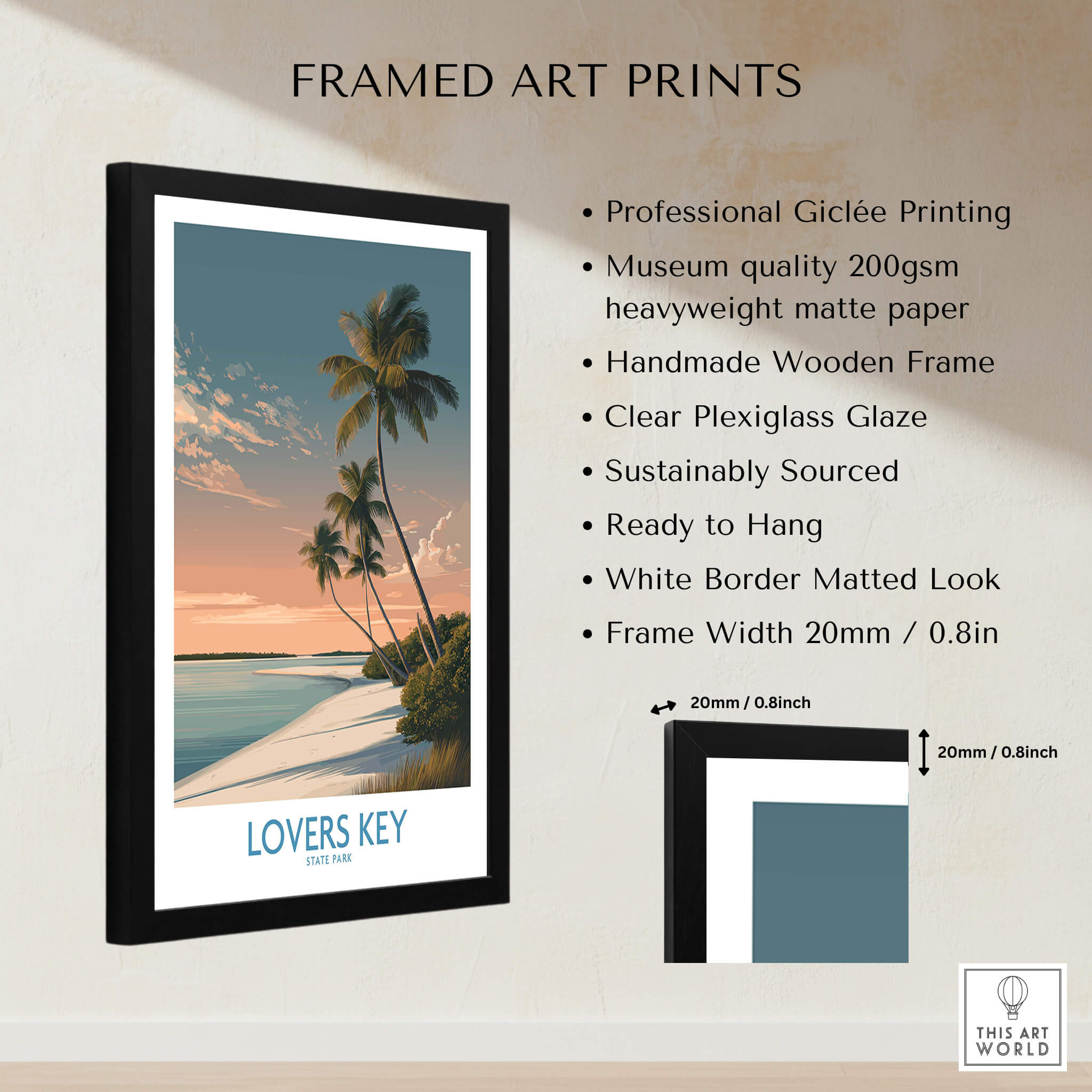 Lovers Key Canvas Print | Florida Gulf Coast Beach Poster framed art with palm trees and sunset.