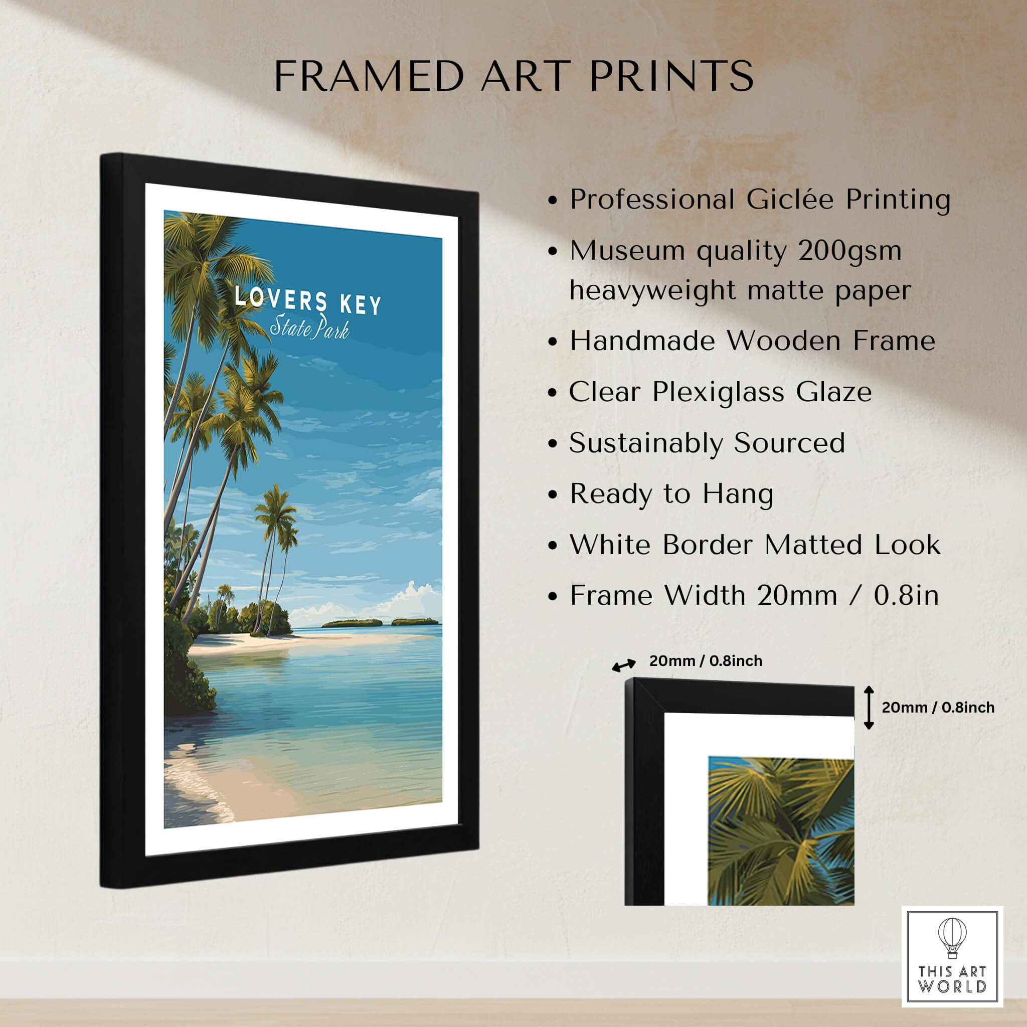 Lovers Key Wall Art Print | Paradise Island Scenery Florida Travel Poster displayed in a framed art print setup.