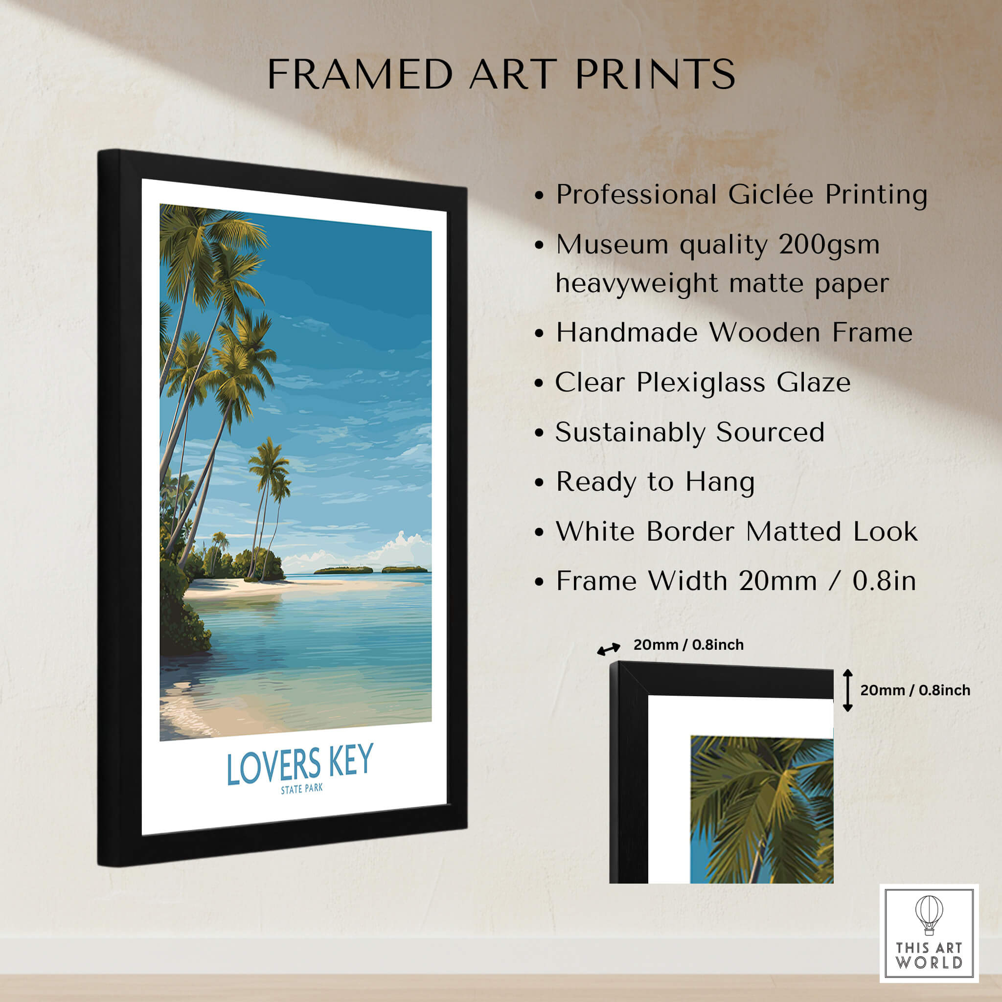 Lovers Key Poster | Florida Canvas Print featuring palm trees and beach scene in a black frame.