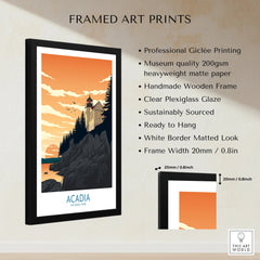 Framed Acadia National Park art print with lighthouse, cliffs, sunset, and product details.