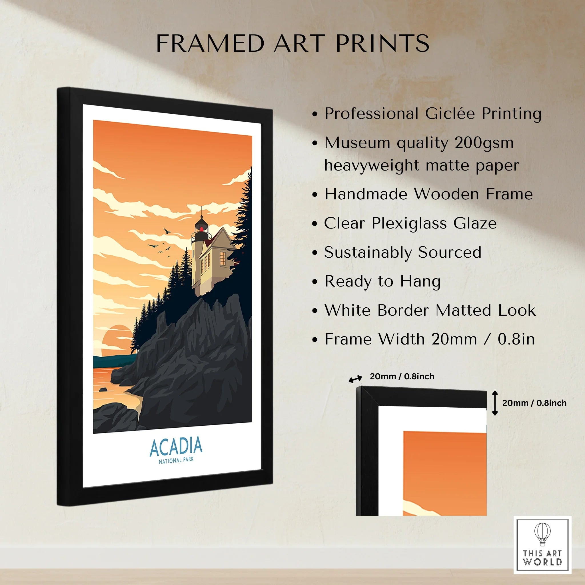 Framed Acadia National Park art print with lighthouse, cliffs, sunset, and product details.
