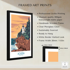 Framed Acadia National Park print with lighthouse art, wooden frame, and product details.