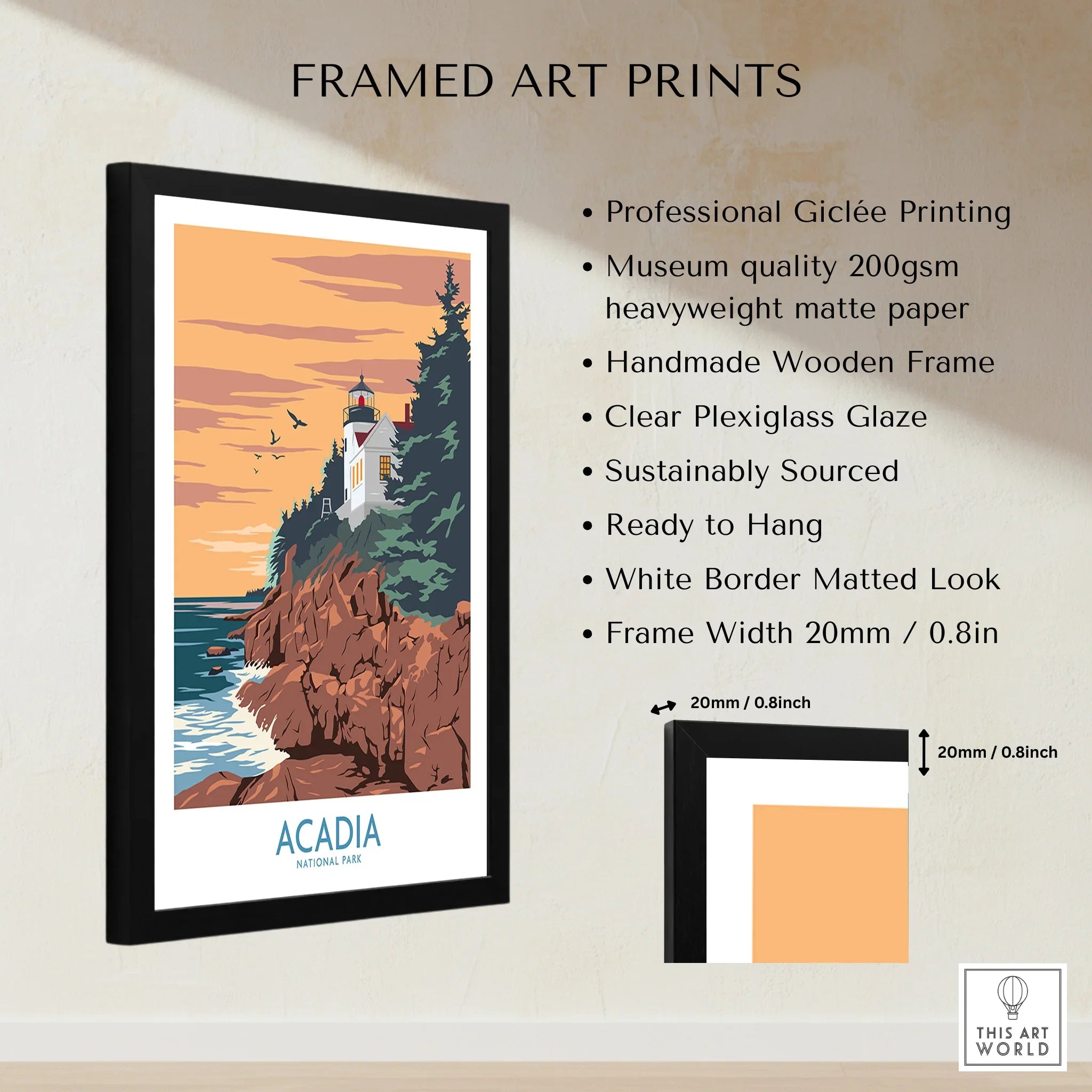 Framed Acadia National Park print with lighthouse art, wooden frame, and product details.