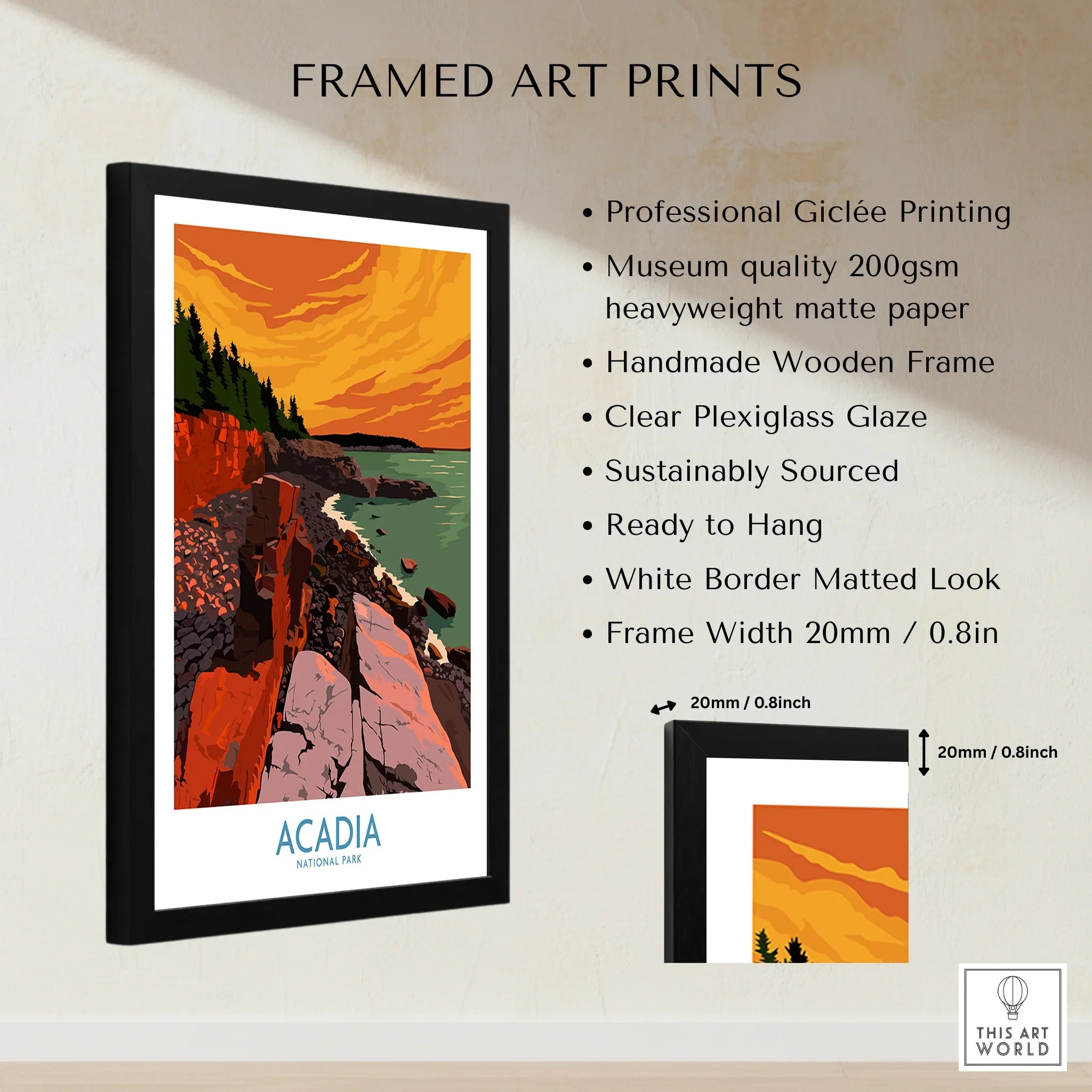 Framed Acadia National Park art print with wooden frame, coastal landscape, and product details.