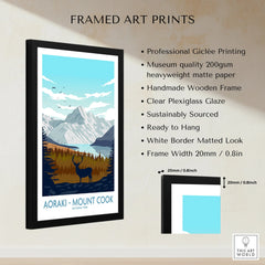 Framed Aoraki Mount Cook National Park art print with black wooden frame, mountain and deer illustration, and quality details