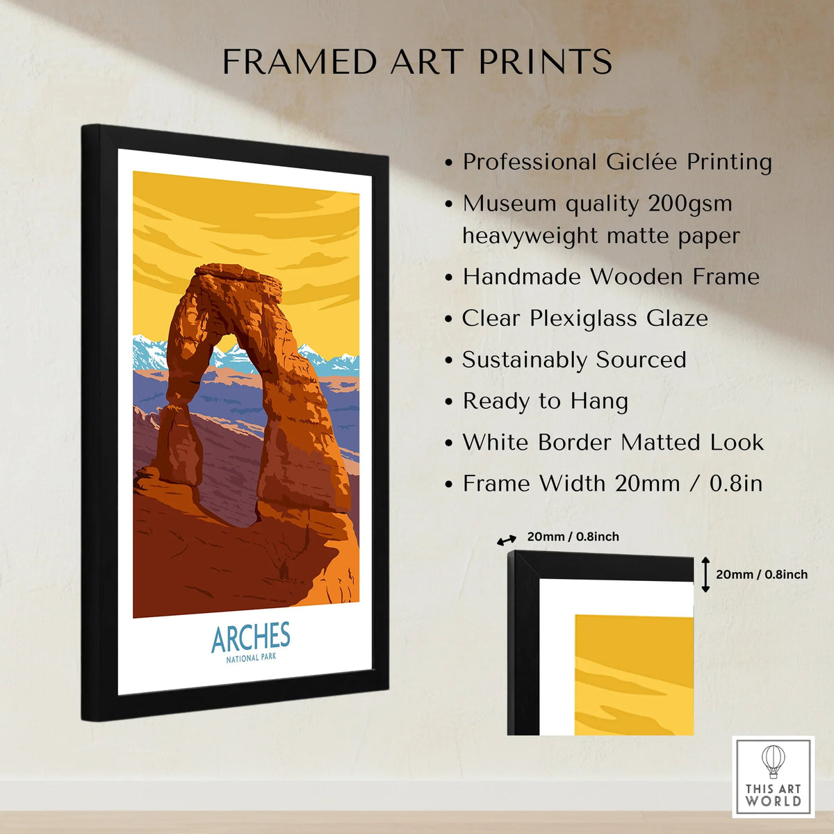 Framed Arches National Park travel poster print with black wooden frame and feature list.
