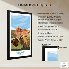 Framed Badlands National Park print with bison, wooden frame, and museum quality details