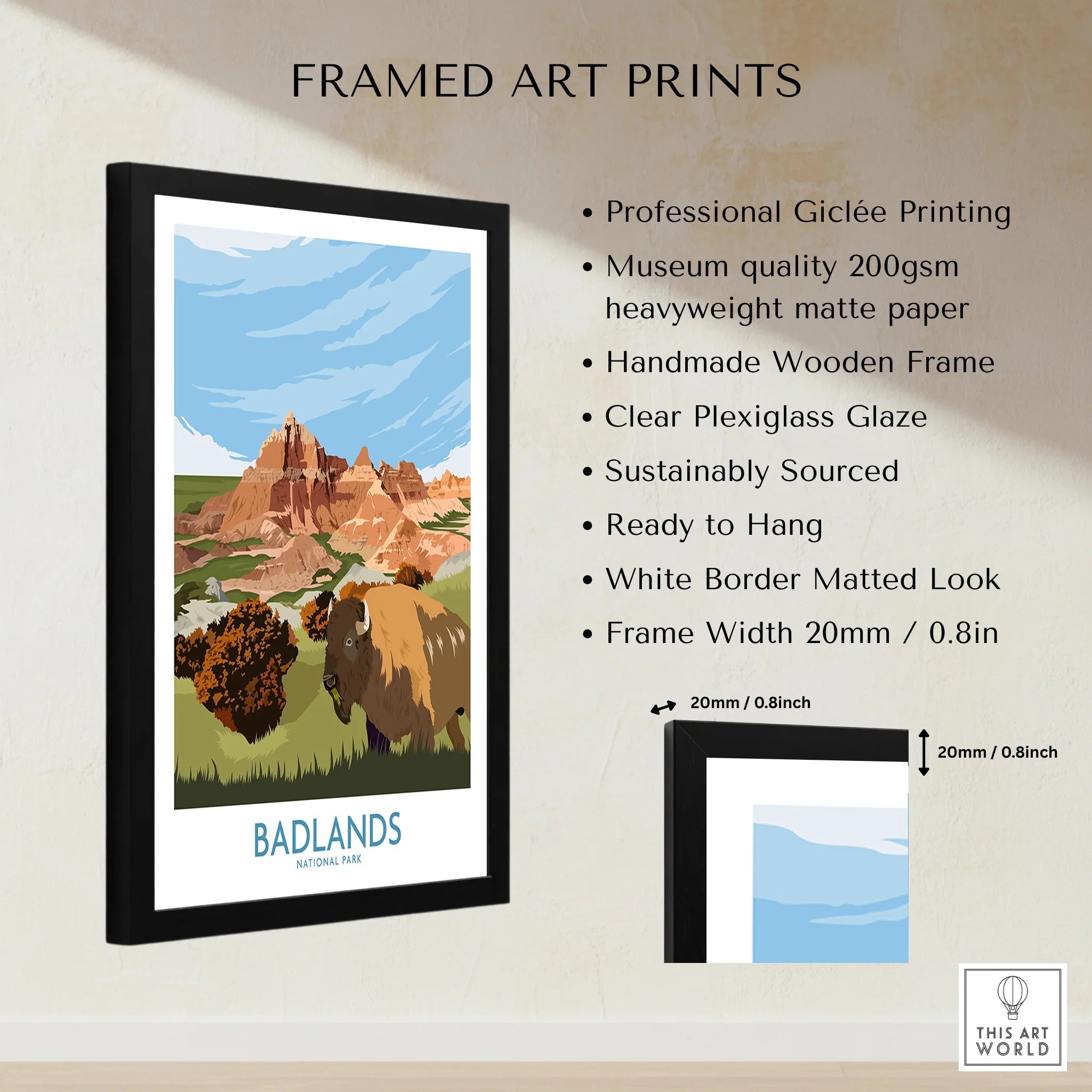 Framed Badlands National Park print with bison, wooden frame, and museum quality details