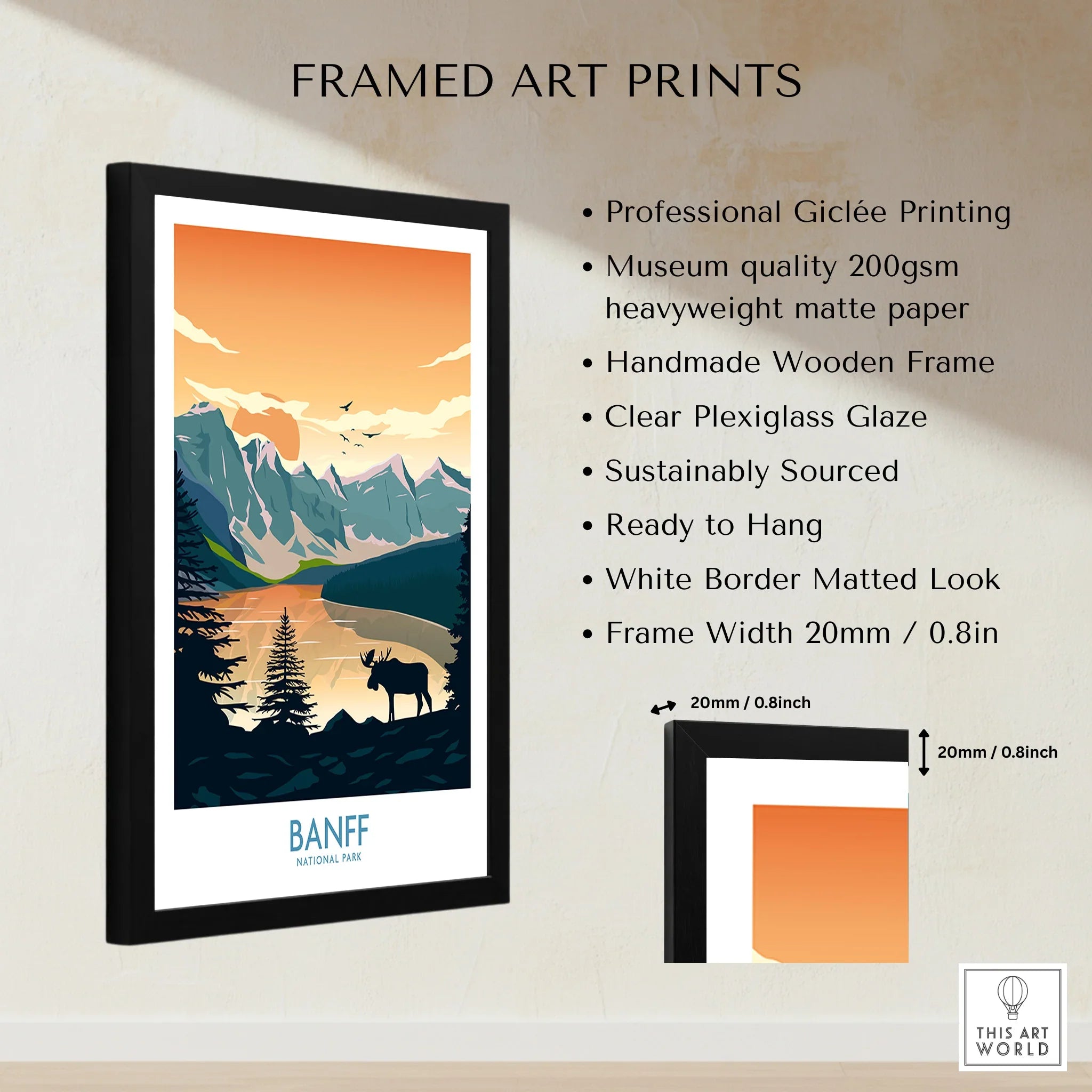 Framed Banff National Park art print with wooden frame, plexiglass glaze, and matte paper.
