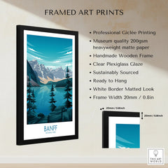 Framed Banff National Park print with mountains, lake, and pine trees, art print details listed.