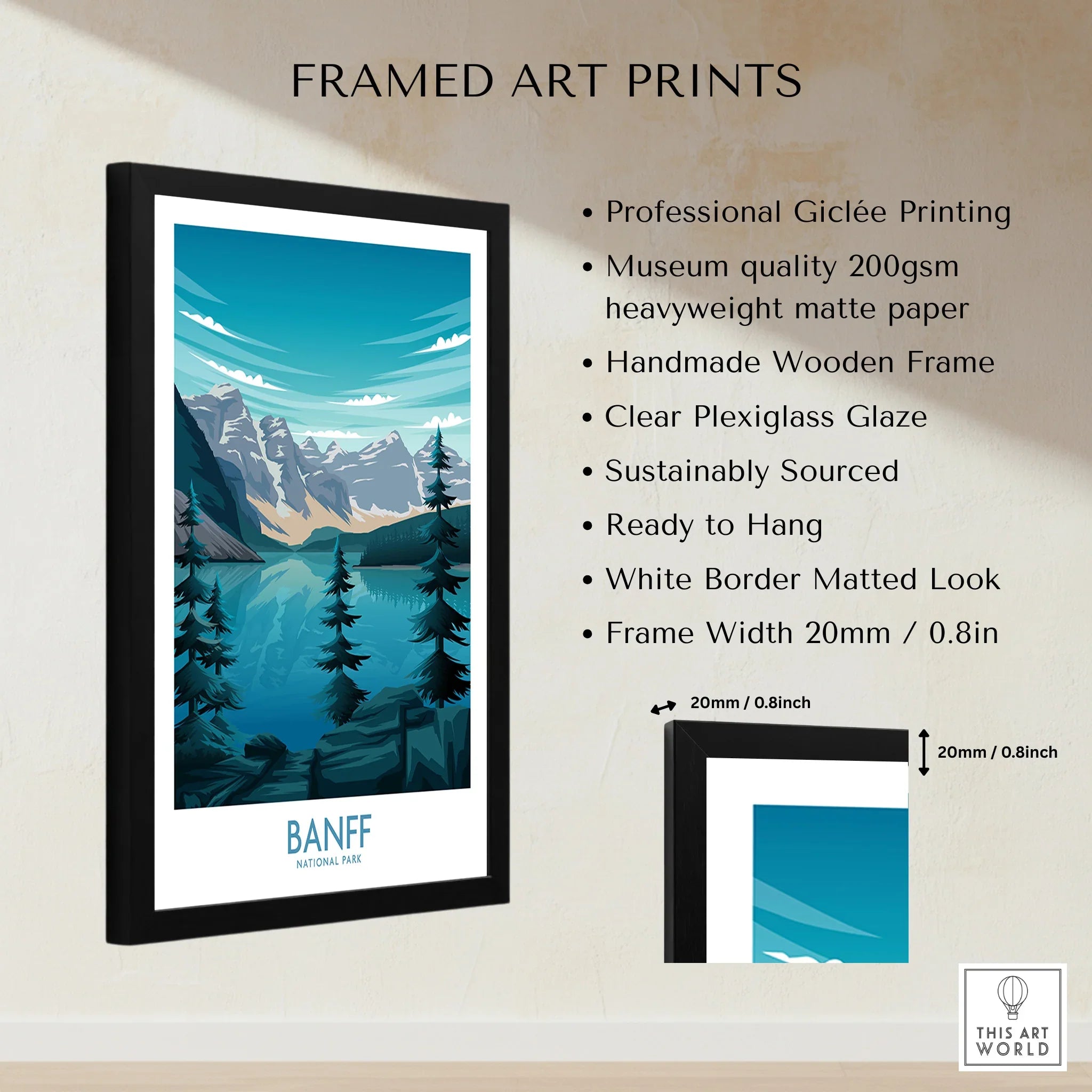 Framed Banff National Park print with mountains, lake, and pine trees, art print details listed.