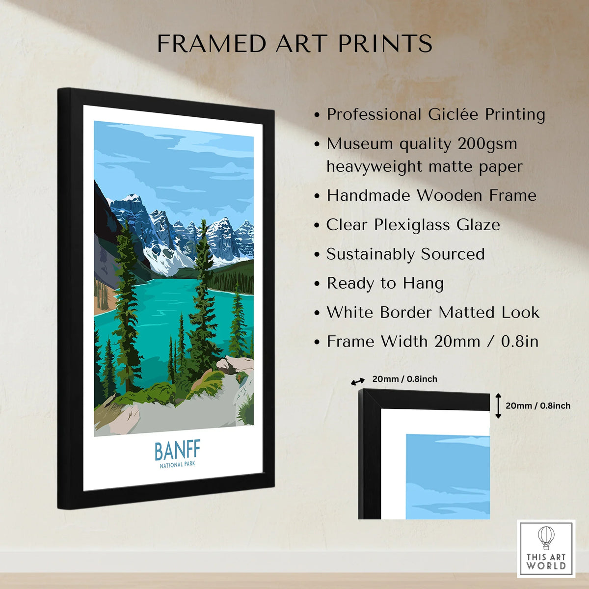 Framed Banff National Park art print with blue lake, mountains, and product feature details