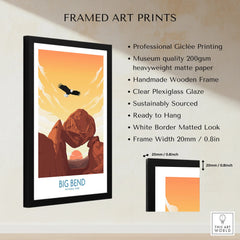 Framed Big Bend National Park print with sunset landscape and eagle, museum-quality wall art