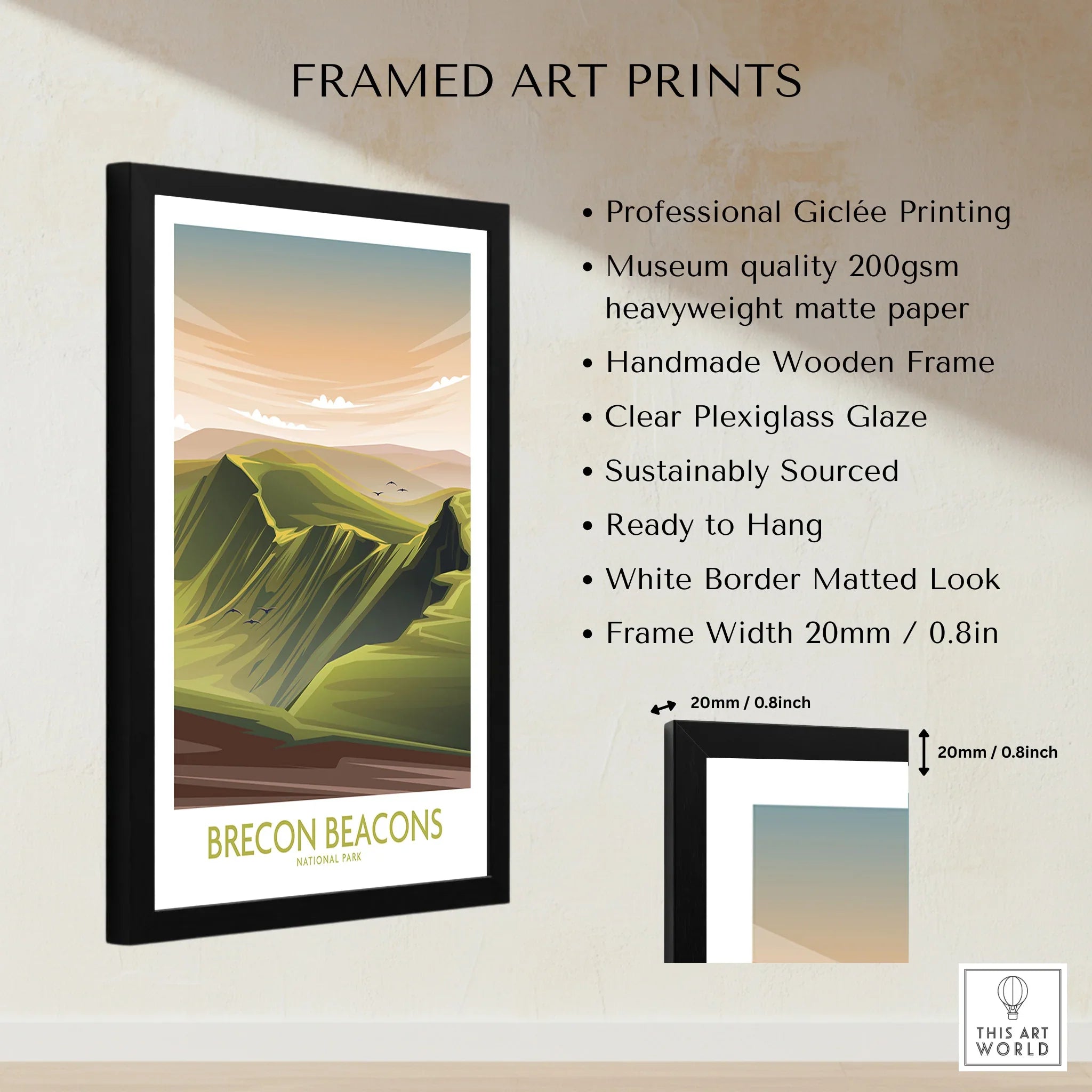 Framed Brecon Beacons National Park travel poster print with quality and size details shown.
