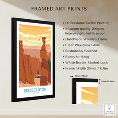 Framed Bryce Canyon National Park art print with wooden frame, details on print quality and measurements.