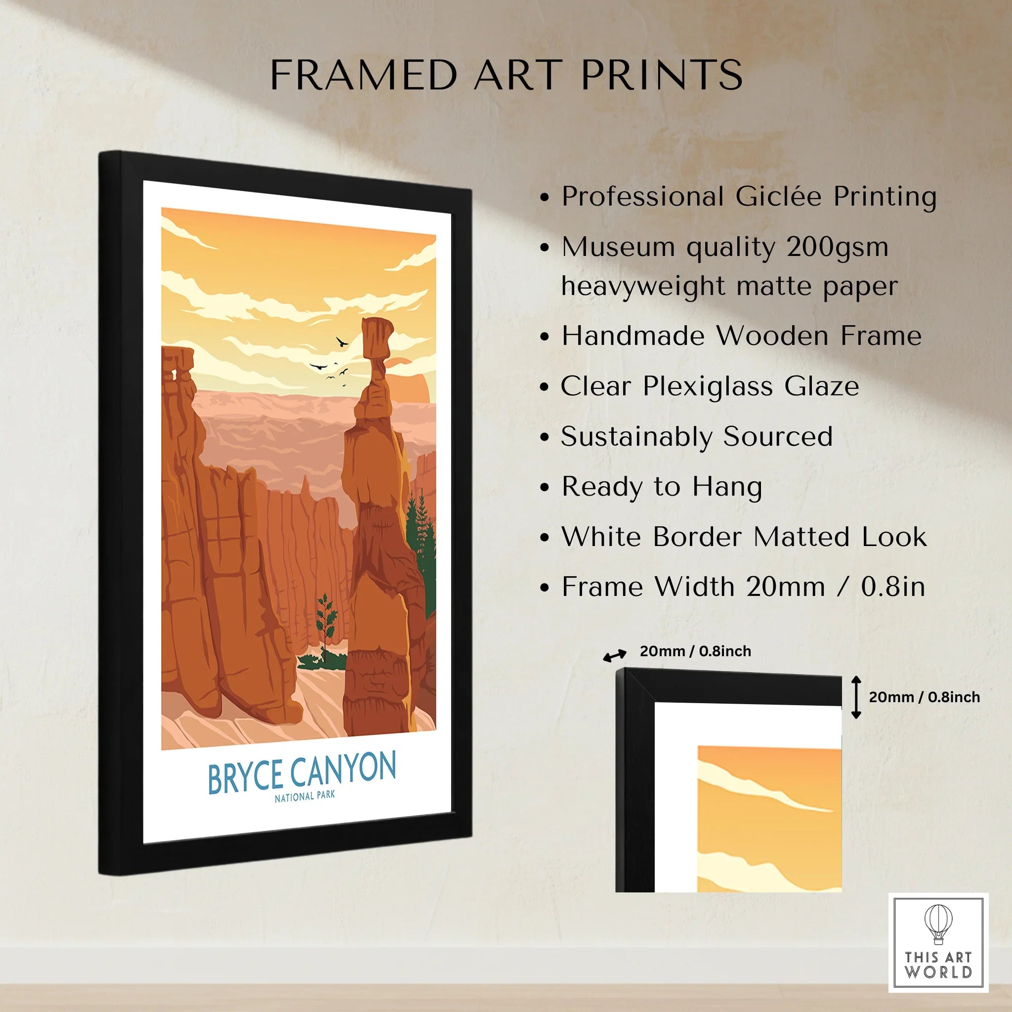 Framed Bryce Canyon National Park art print with wooden frame, details on print quality and measurements.