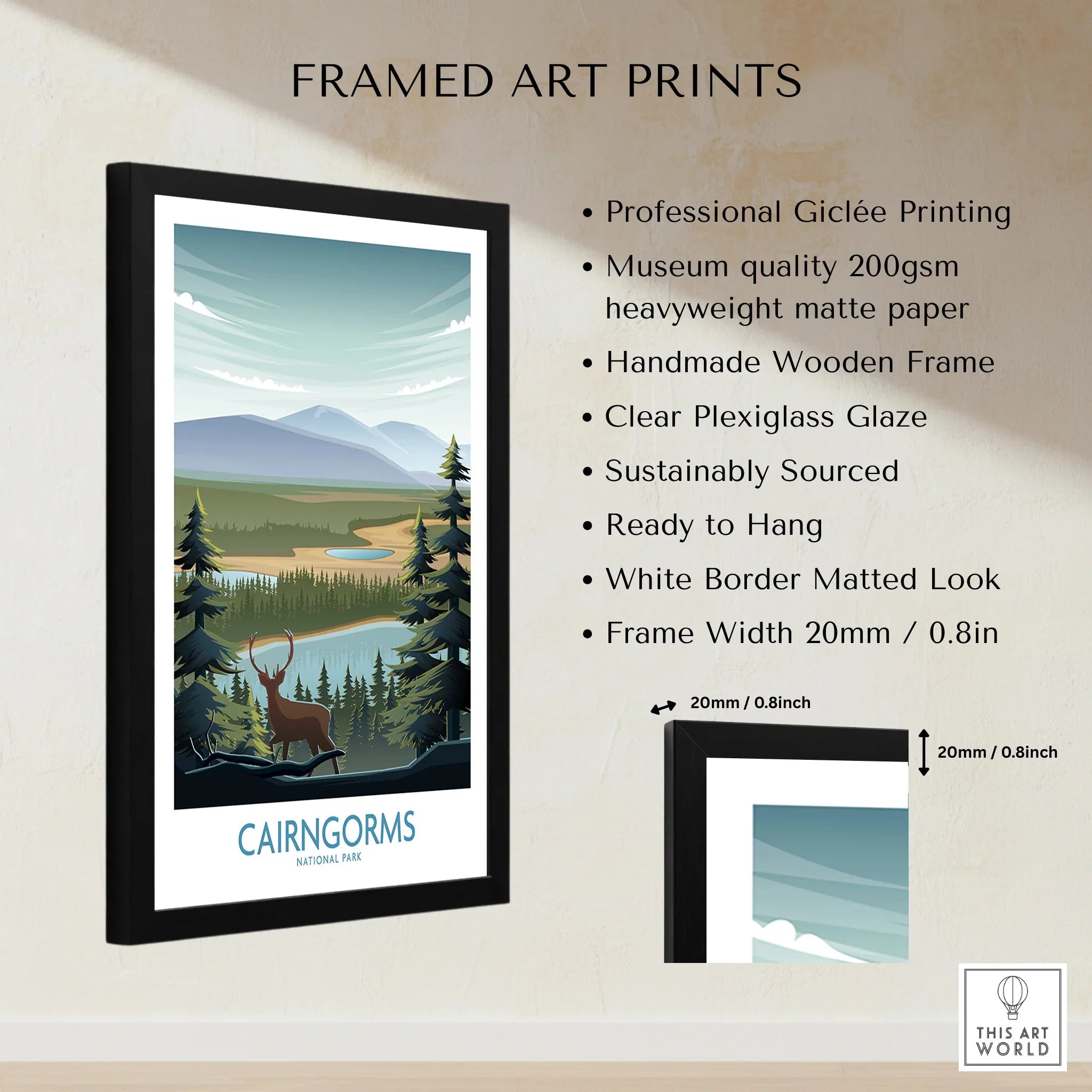 Framed Cairngorms National Park art print with mountain landscape, listed frame features