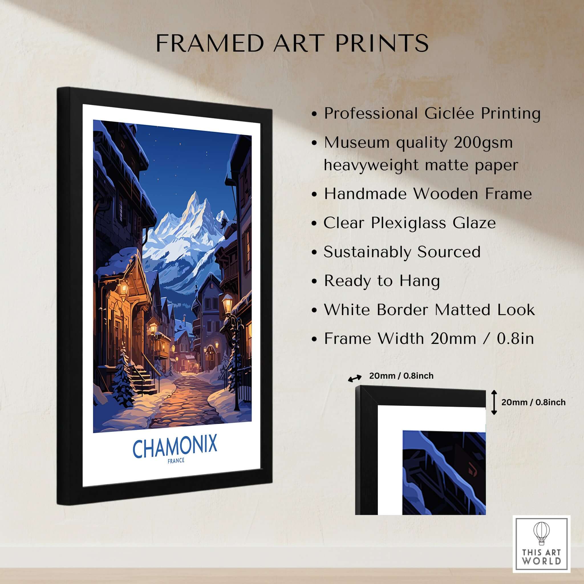 Chamonix Print framed art featuring a snowy mountain and village scene, perfect for home decor and ski enthusiasts.