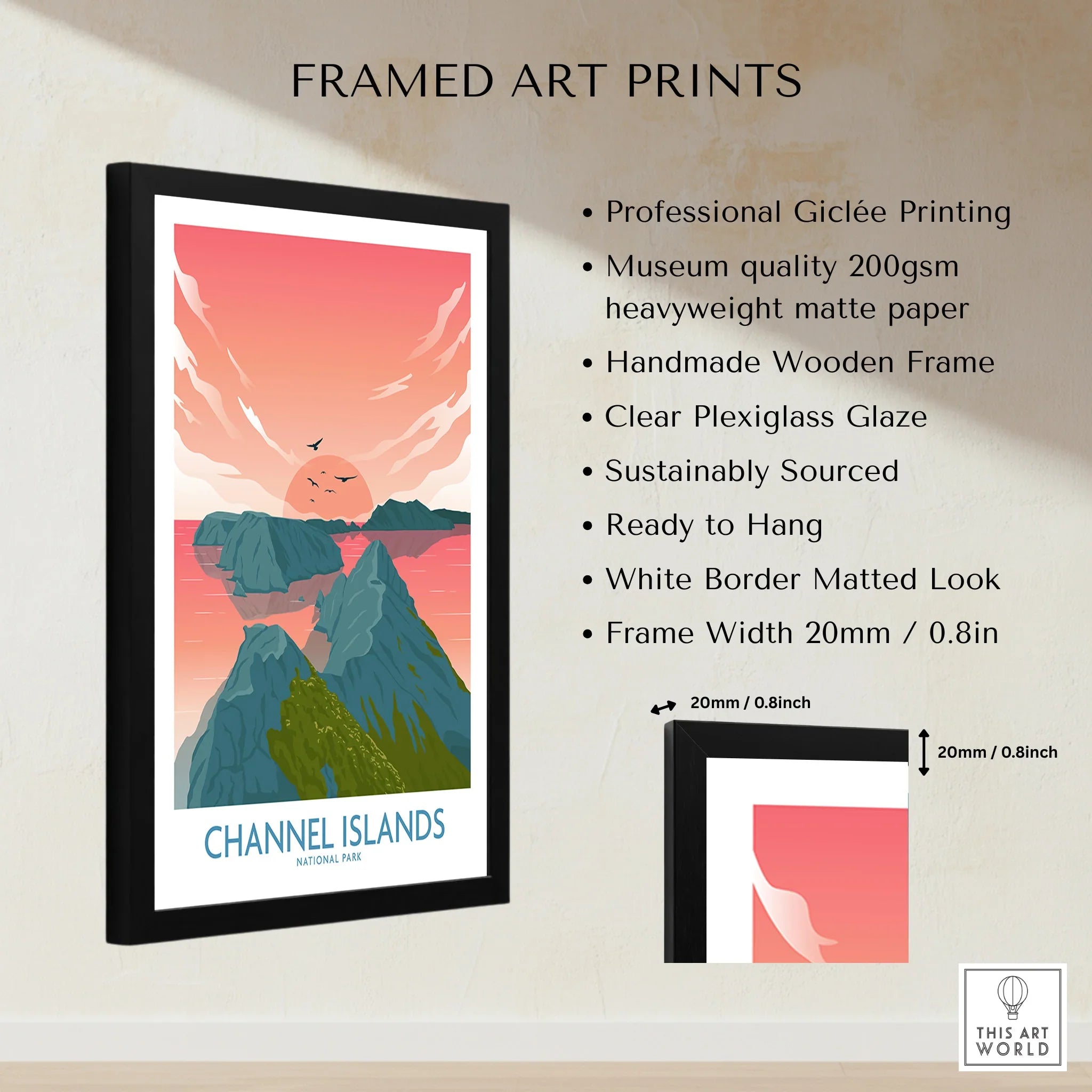Framed Channel Islands National Park art print with sunset, sea cliffs, and giclée print details