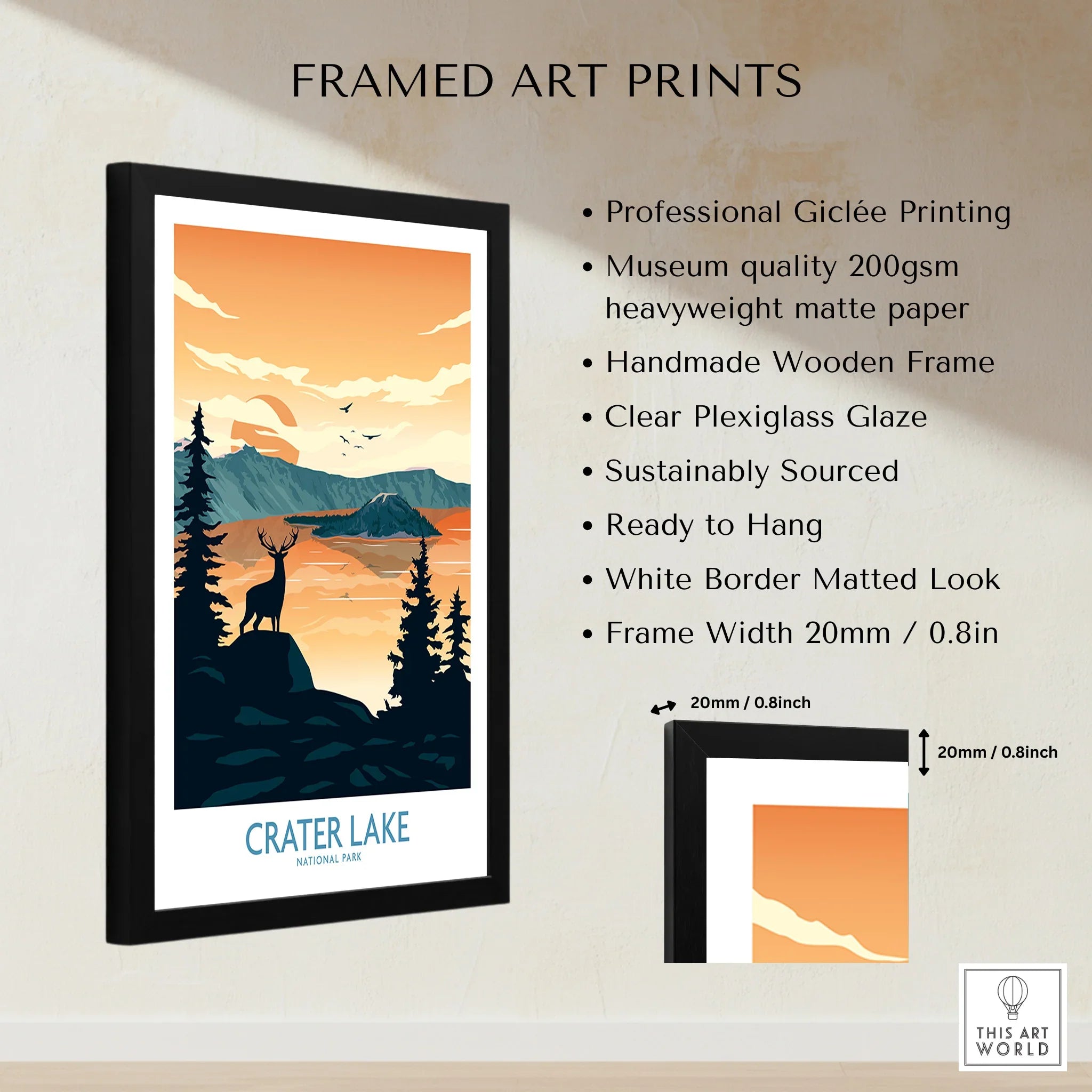 Framed Crater Lake National Park art print with mountain and deer, wall art details shown