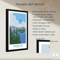 Framed Crater Lake National Park print with pine trees, lake, mountains, and bird art.
