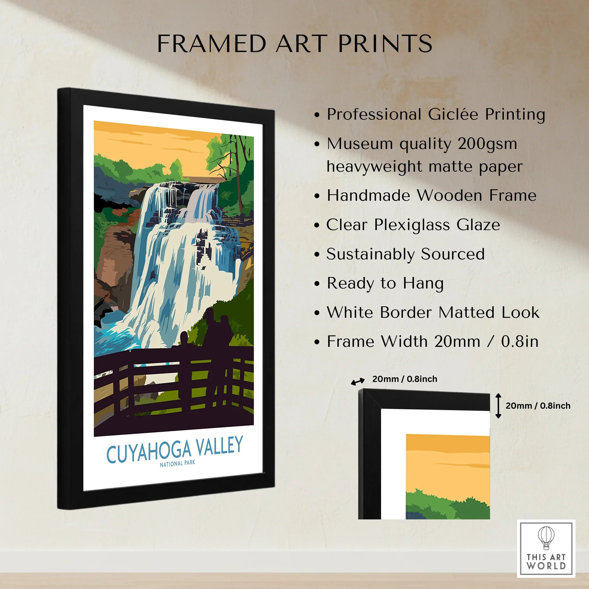 Framed Cuyahoga Valley National Park waterfall art print with black wooden frame details