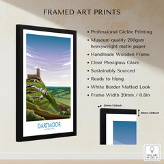 Framed Dartmoor National Park art print with wooden frame details and product features listed.