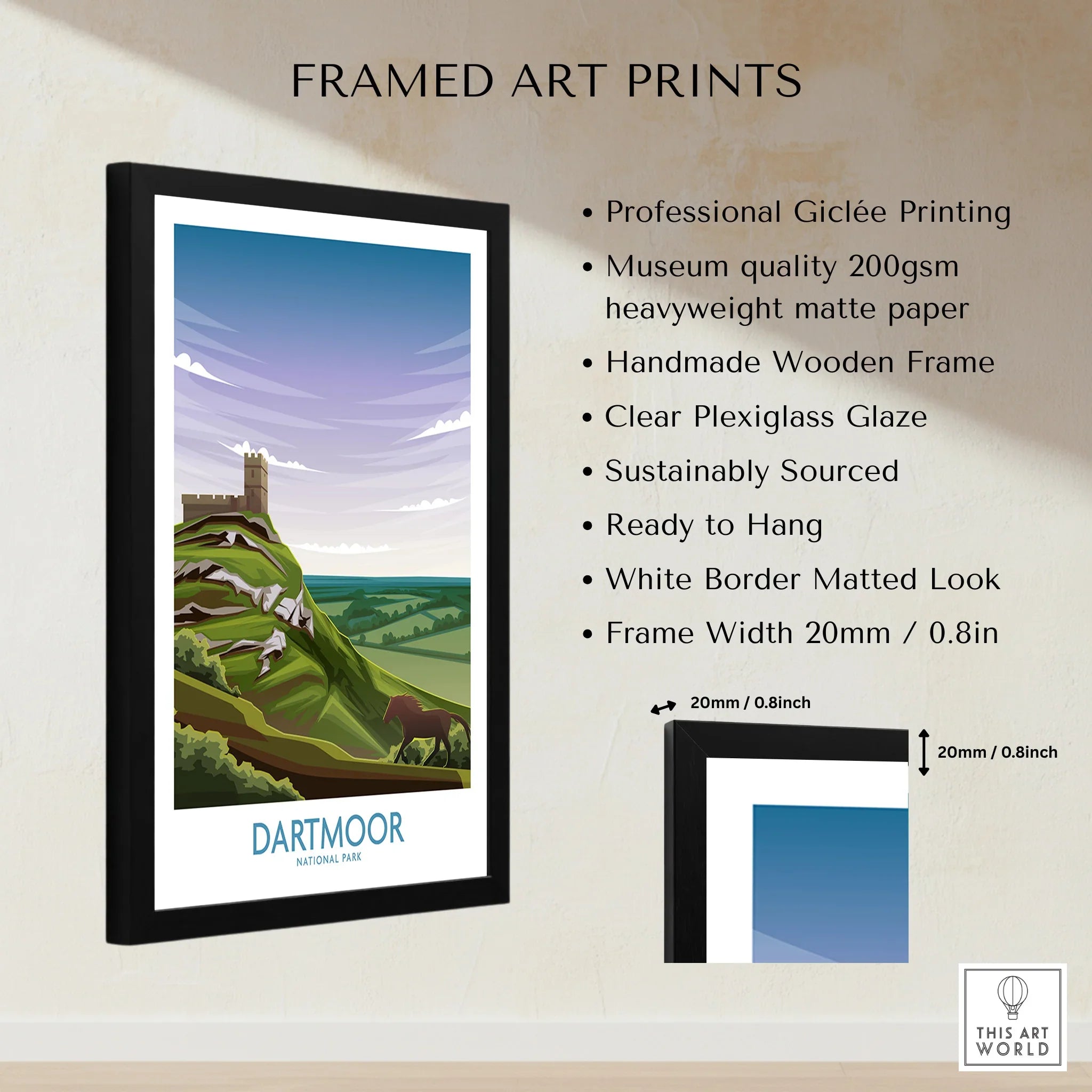 Framed Dartmoor National Park art print with wooden frame details and product features listed.