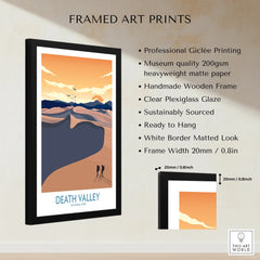 Framed Death Valley National Park print with minimalist desert landscape, black wooden frame.