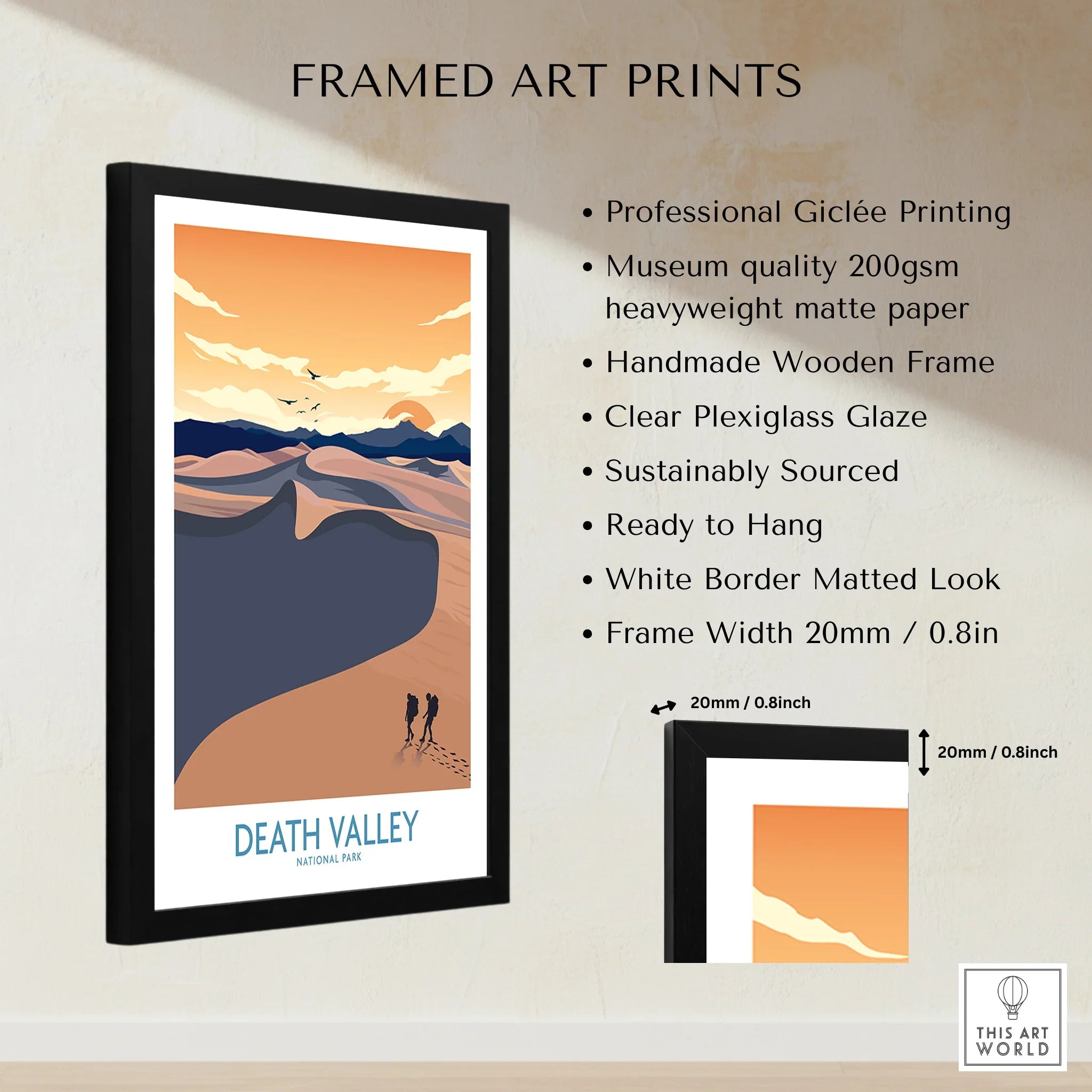 Framed Death Valley National Park print with minimalist desert landscape, black wooden frame.