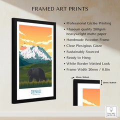 Framed Denali National Park art print with bear, mountain landscape, and product details.