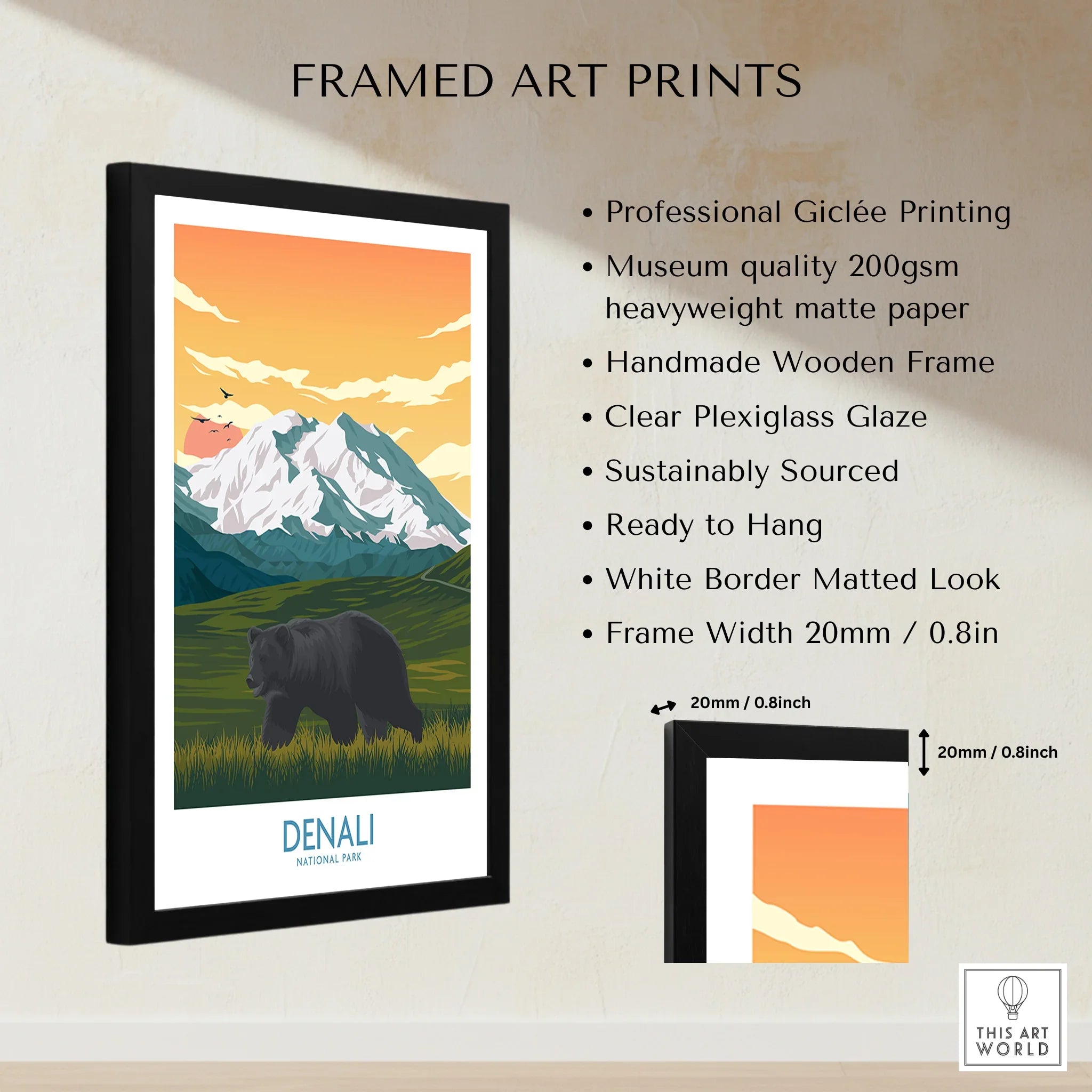 Framed Denali National Park art print with bear, mountain landscape, and product details.